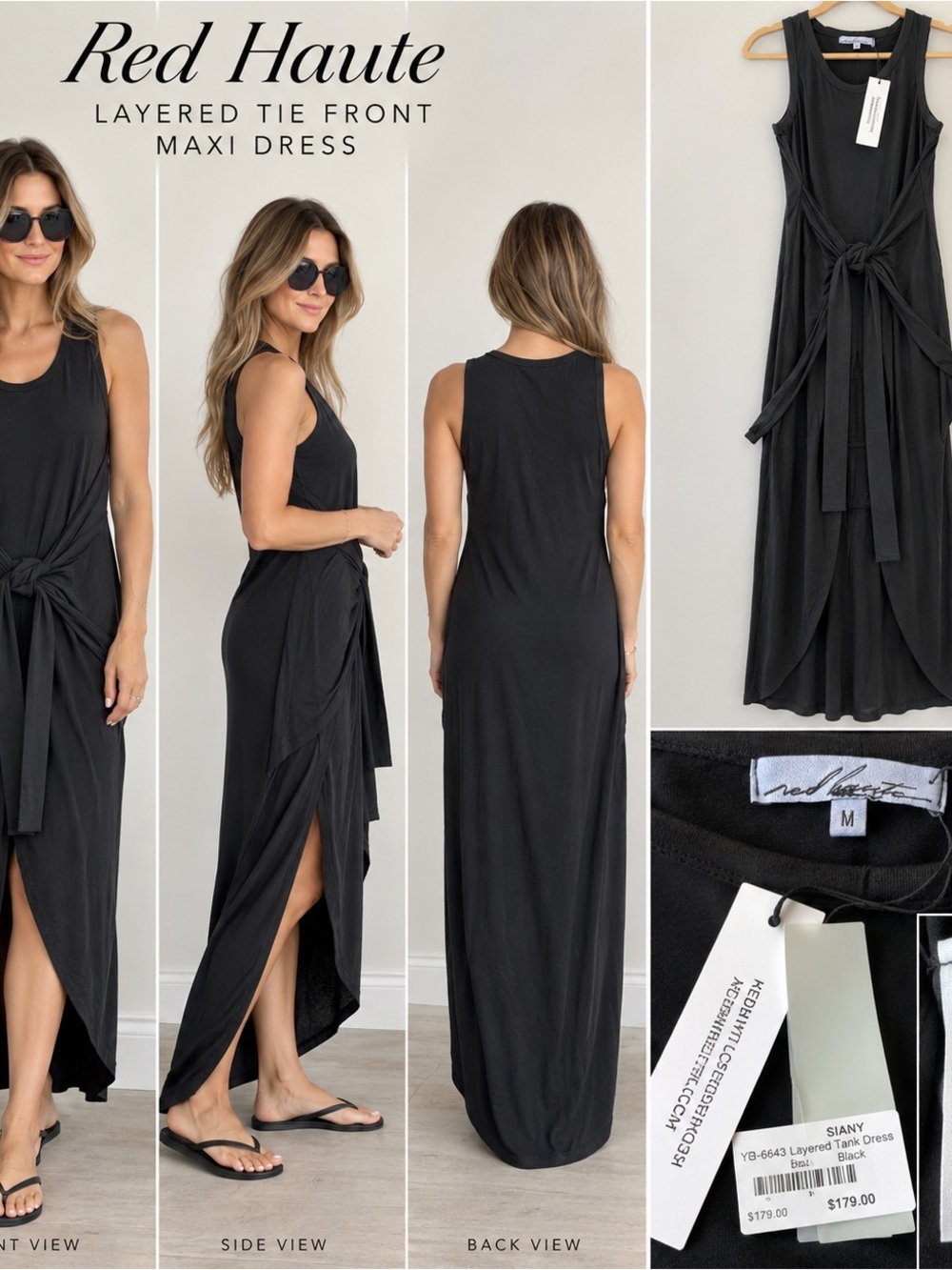 Red Haute Black Layered Tie-Front Maxi Dress - size M  NWT